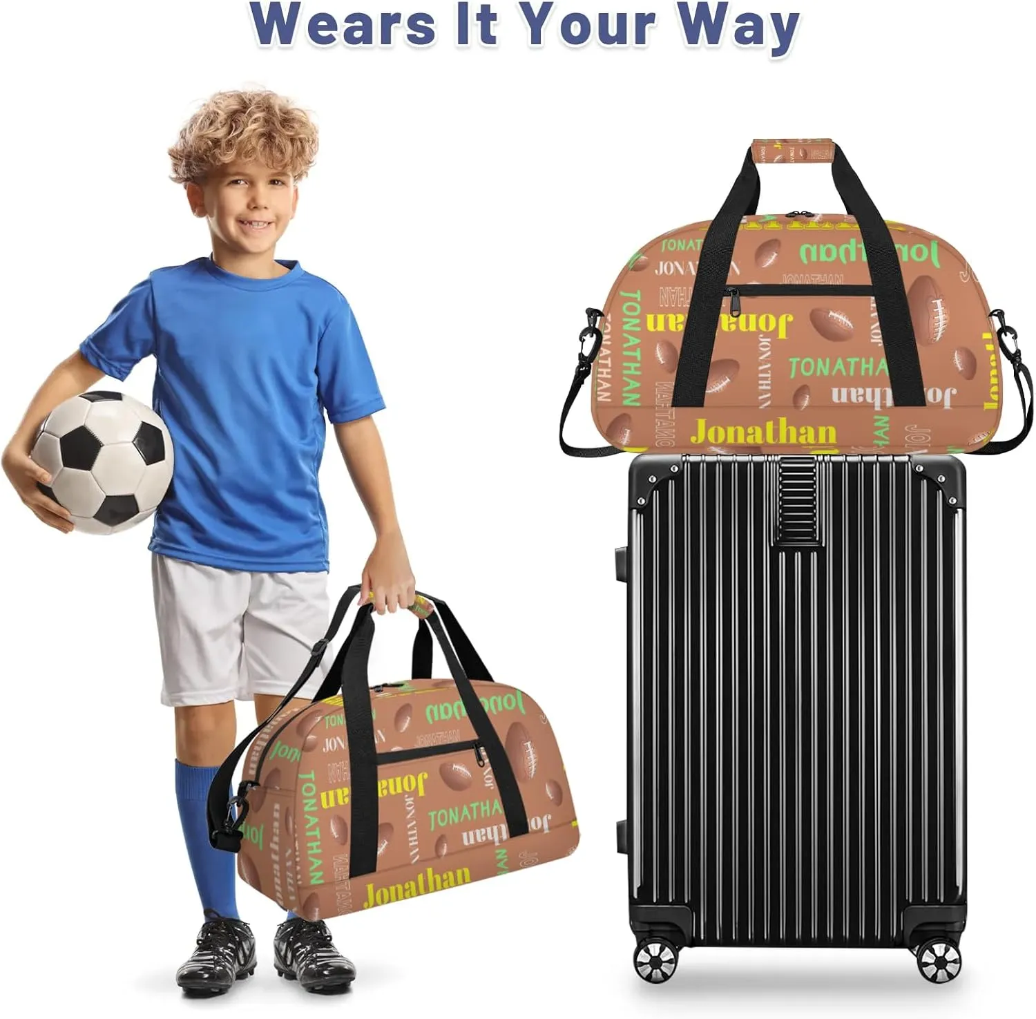 Personalized Duffle Bag - Custom Name Kids Sports Bag, Sleepover Bags for Girls, Lightweight Toddler Boys Overnight Bag for Weekender Travel Cheer Dance Ball Game, Football Text