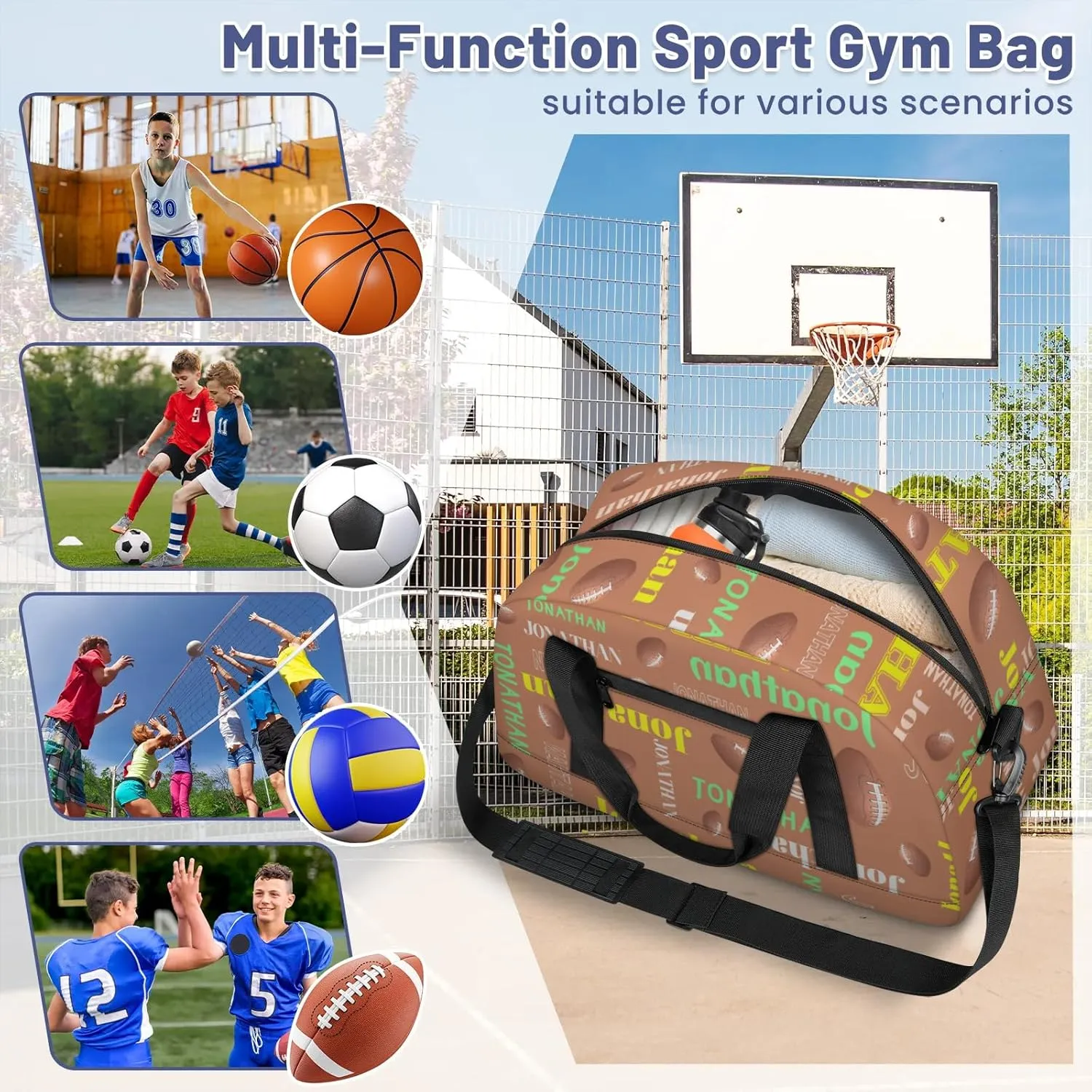 Personalized Duffle Bag - Custom Name Kids Sports Bag, Sleepover Bags for Girls, Lightweight Toddler Boys Overnight Bag for Weekender Travel Cheer Dance Ball Game, Football Text