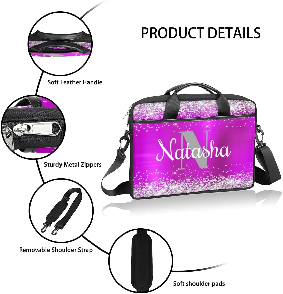 Personalized Glitter Laptop Bag Case Briefcases for Women, Custom Gift Computer Cases for Laptops, Tablet Shoulder Bag