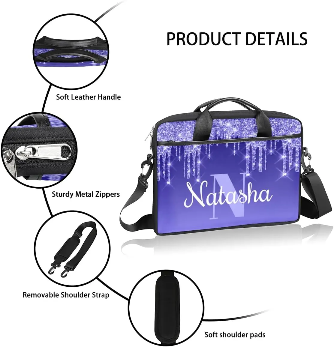 Personalized Glitter Laptop Bag Case Briefcases for Women, Custom Gift Computer Cases for Laptops, Tablet Shoulder Bag