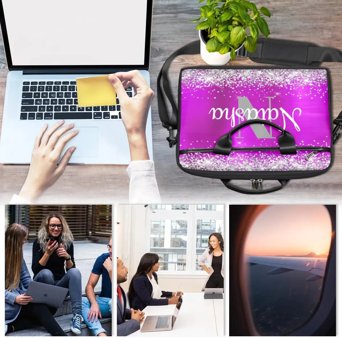 Personalized Glitter Laptop Bag Case Briefcases for Women, Custom Gift Computer Cases for Laptops, Tablet Shoulder Bag