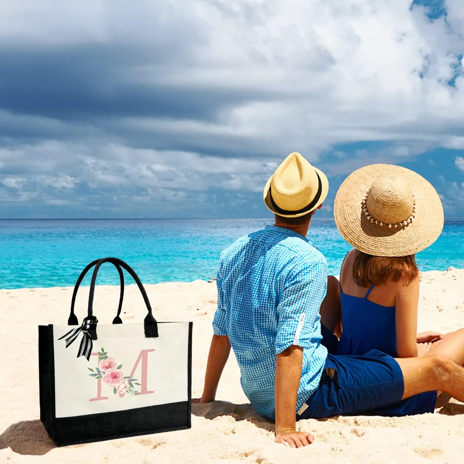 Personalized Initial Canvas Tote Bag for Women, Beach Bag with Inner Zipper Pocket for Wedding, Birthday, Holiday