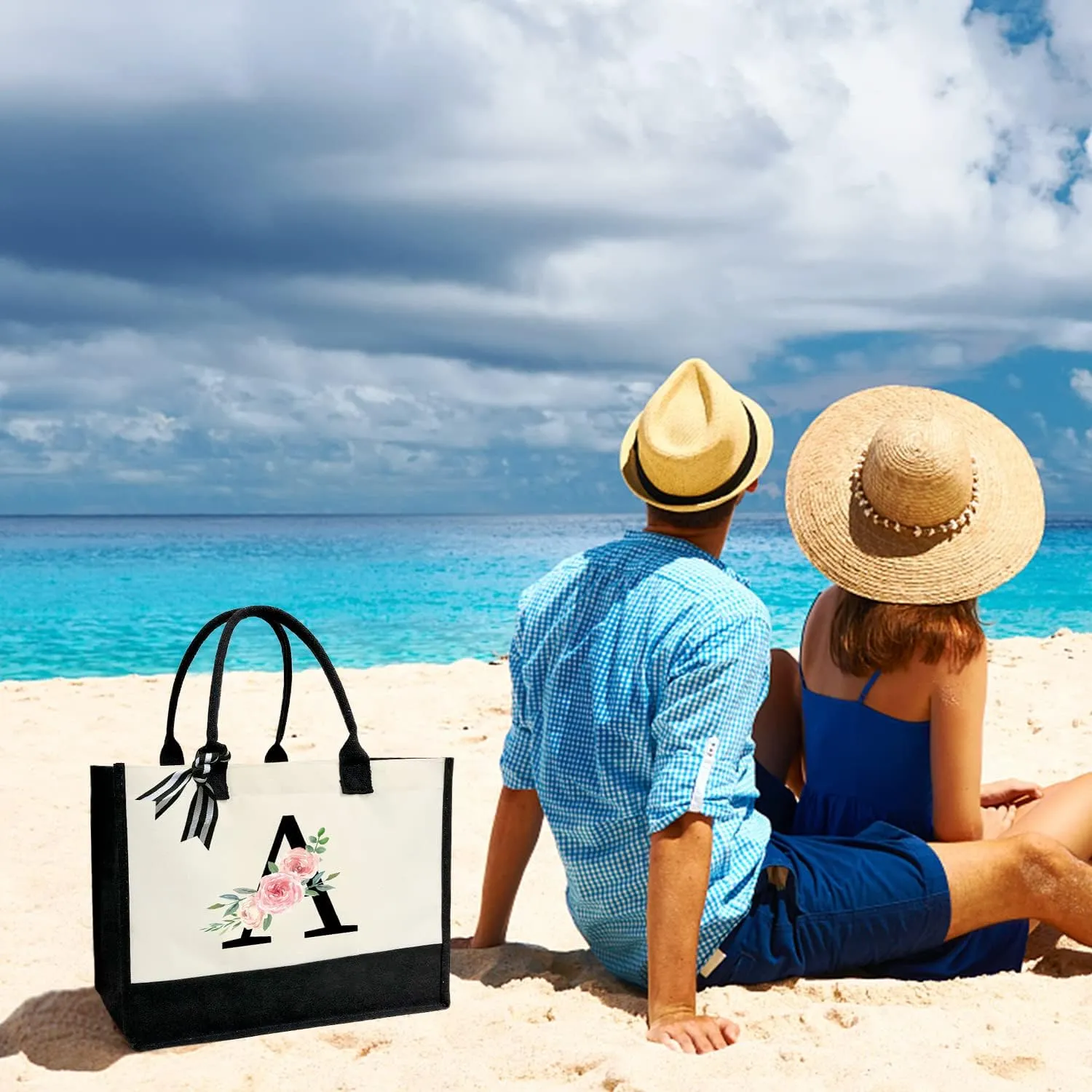 Personalized Initial Canvas Tote Bag for Women, Beach Bag with Inner Zipper Pocket for Wedding, Birthday, Holiday