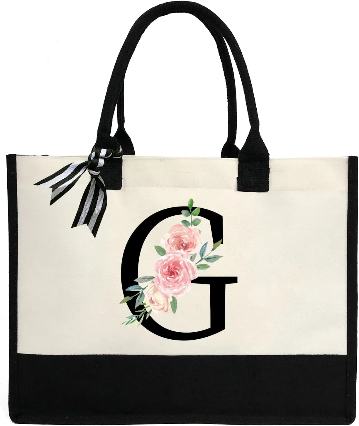 Personalized Initial Canvas Tote Bag for Women, Beach Bag with Inner Zipper Pocket for Wedding, Birthday, Holiday