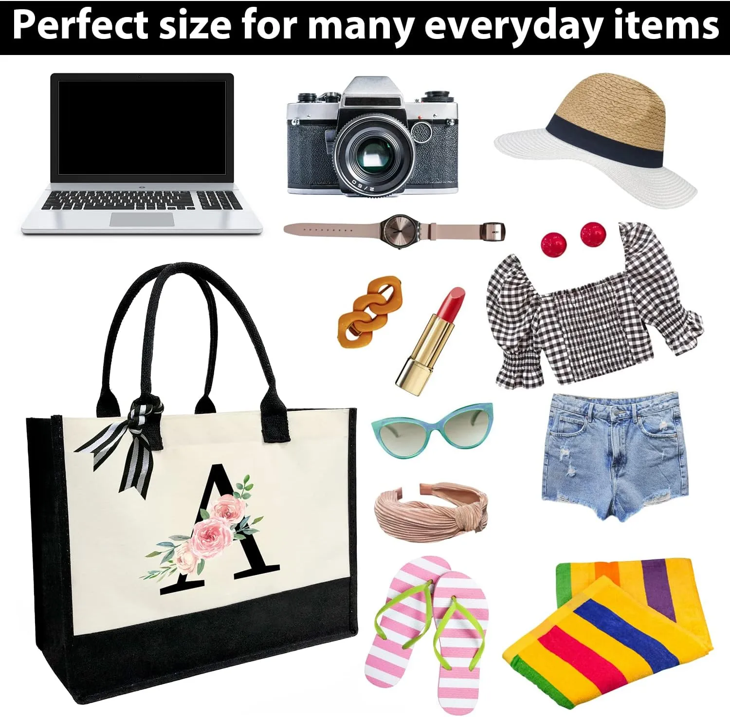 Personalized Initial Canvas Tote Bag for Women, Beach Bag with Inner Zipper Pocket for Wedding, Birthday, Holiday