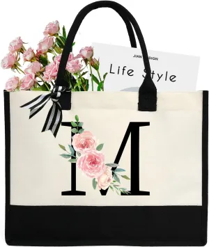 Personalized Initial Canvas Tote Bag for Women, Beach Bag with Inner Zipper Pocket for Wedding, Birthday, Holiday