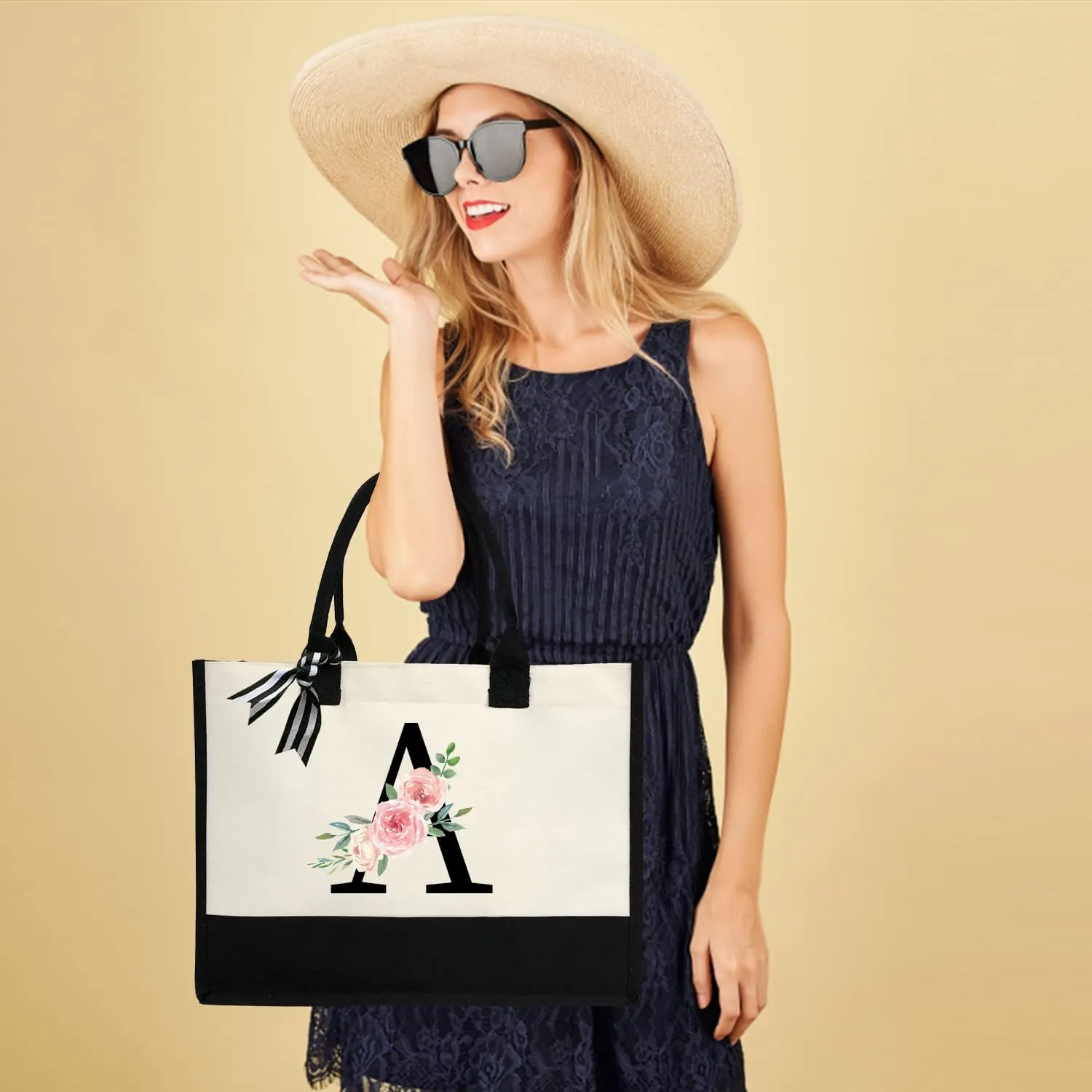 Personalized Initial Canvas Tote Bag for Women, Beach Bag with Inner Zipper Pocket for Wedding, Birthday, Holiday