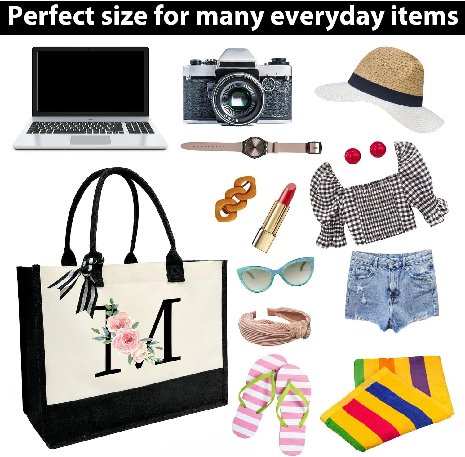 Personalized Initial Canvas Tote Bag for Women, Beach Bag with Inner Zipper Pocket for Wedding, Birthday, Holiday