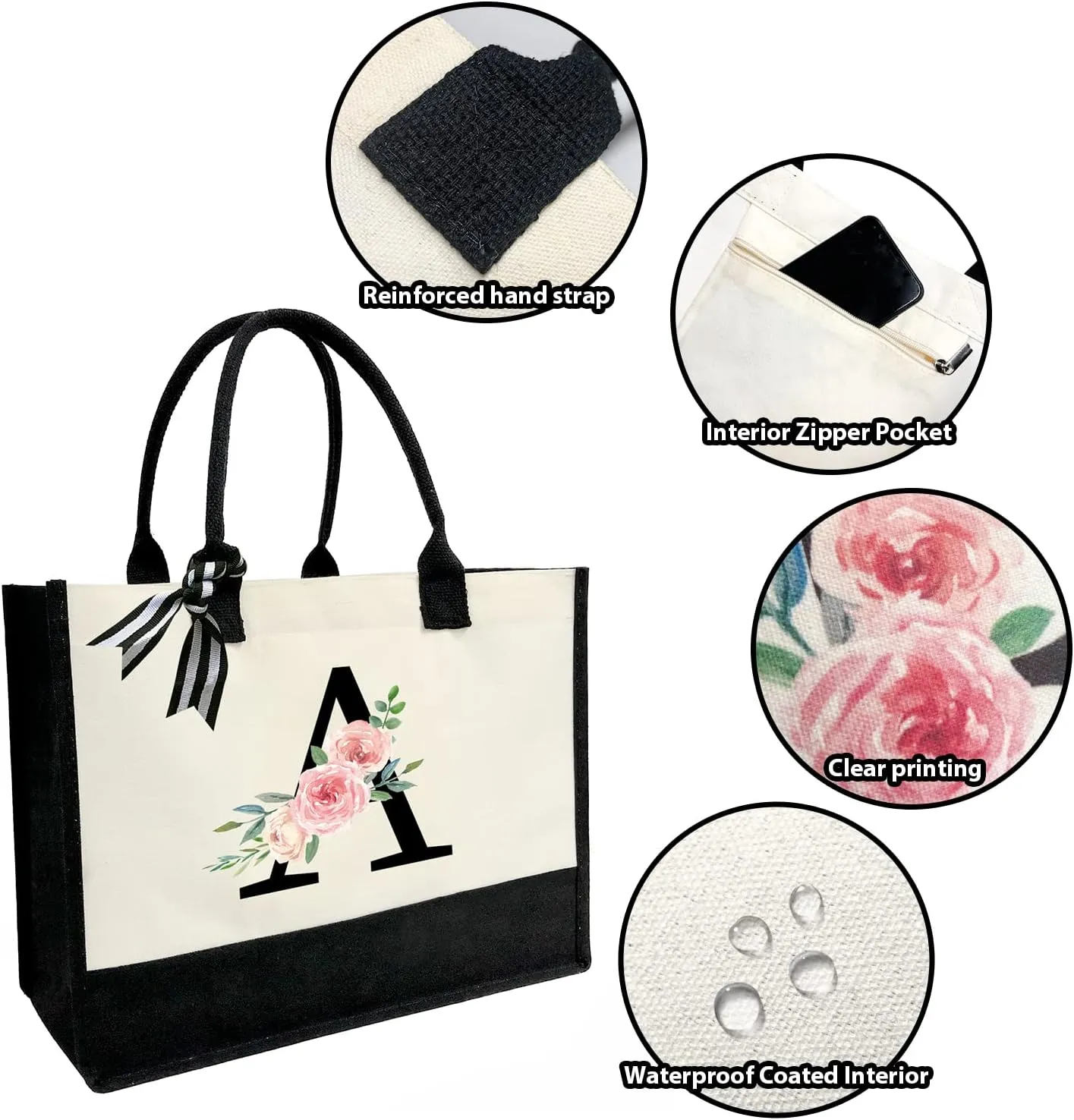 Personalized Initial Canvas Tote Bag for Women, Beach Bag with Inner Zipper Pocket for Wedding, Birthday, Holiday