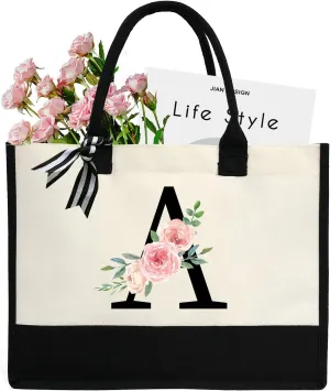Personalized Initial Canvas Tote Bag for Women, Beach Bag with Inner Zipper Pocket for Wedding, Birthday, Holiday