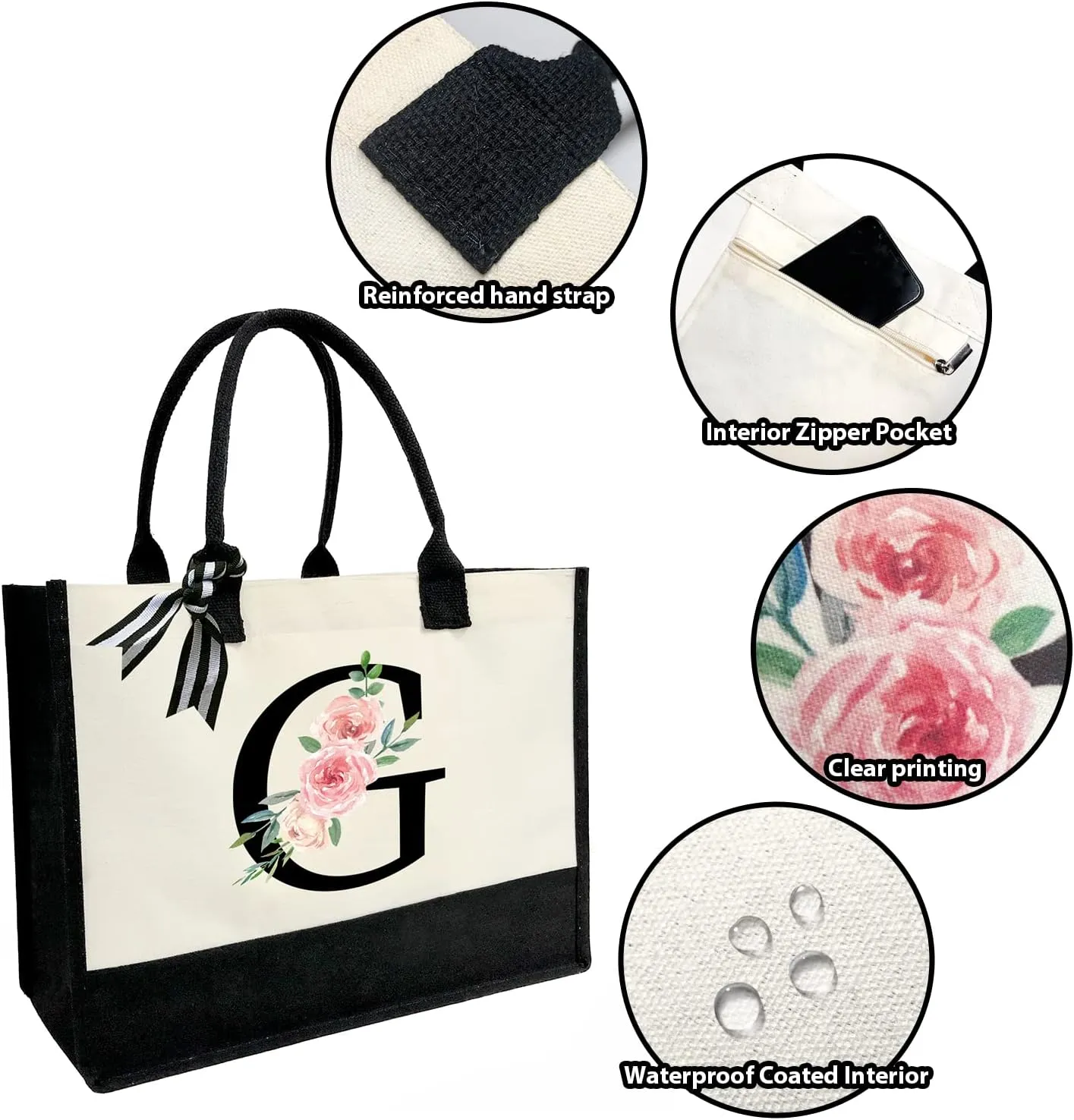 Personalized Initial Canvas Tote Bag for Women, Beach Bag with Inner Zipper Pocket for Wedding, Birthday, Holiday