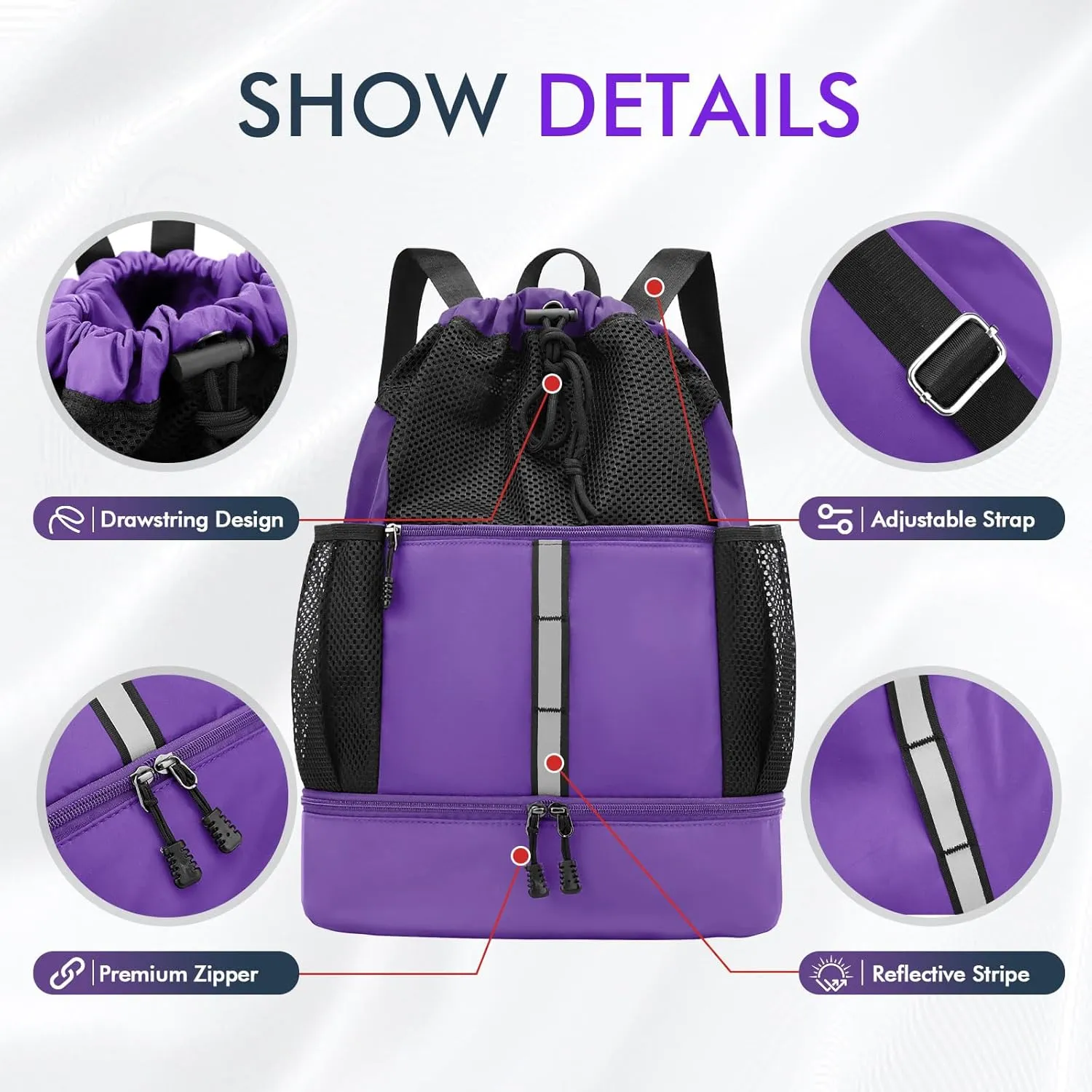 PinCute Drawstring Gym Bag for Men/Women - Mesh Beach Swim Bags Sports Backpack with Wet Pocket&Shoe Compartment, Lightweight
