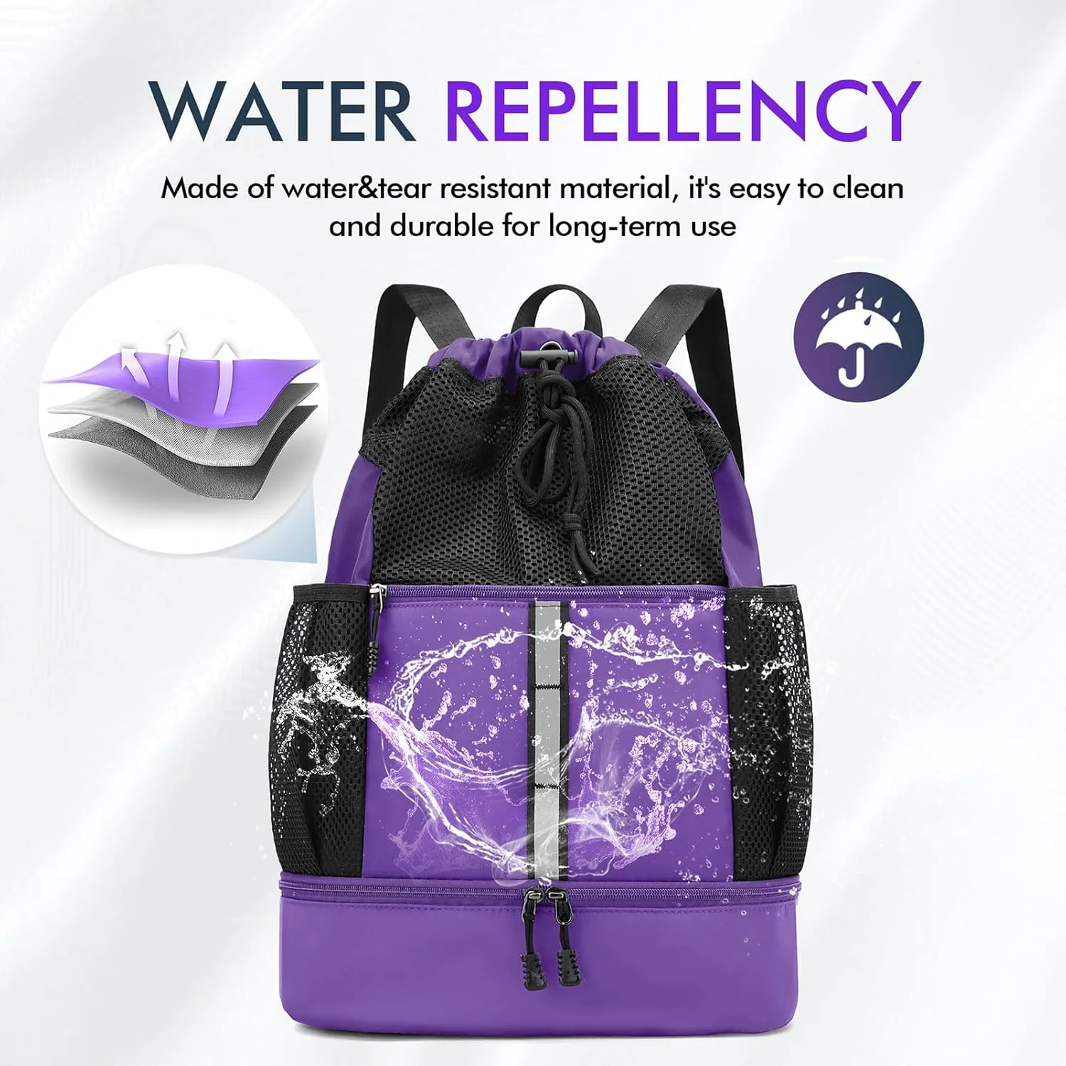 PinCute Drawstring Gym Bag for Men/Women - Mesh Beach Swim Bags Sports Backpack with Wet Pocket&Shoe Compartment, Lightweight