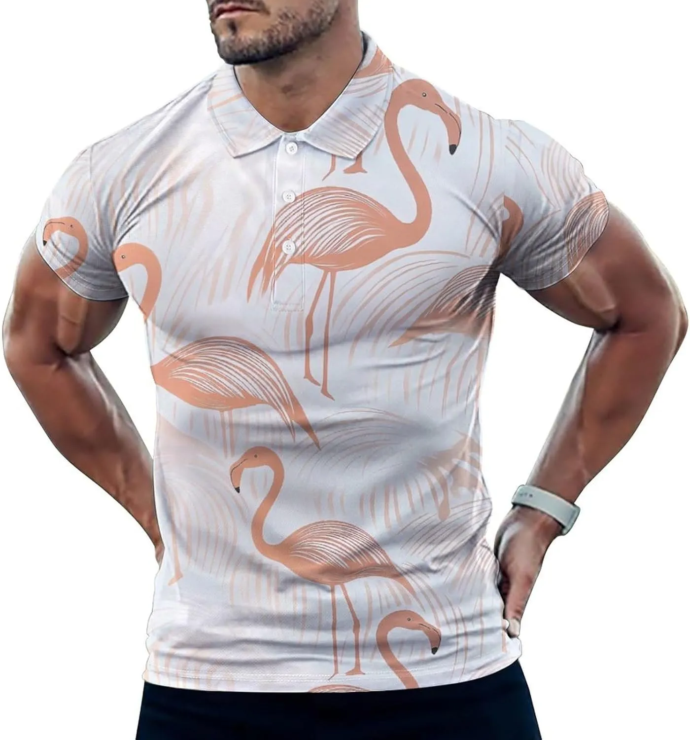 Pink-Flamingoes Pattern Mens Polo Shirts Quick Dry Short Sleeve T-shirts Slim Tennis Collared Tees Tops