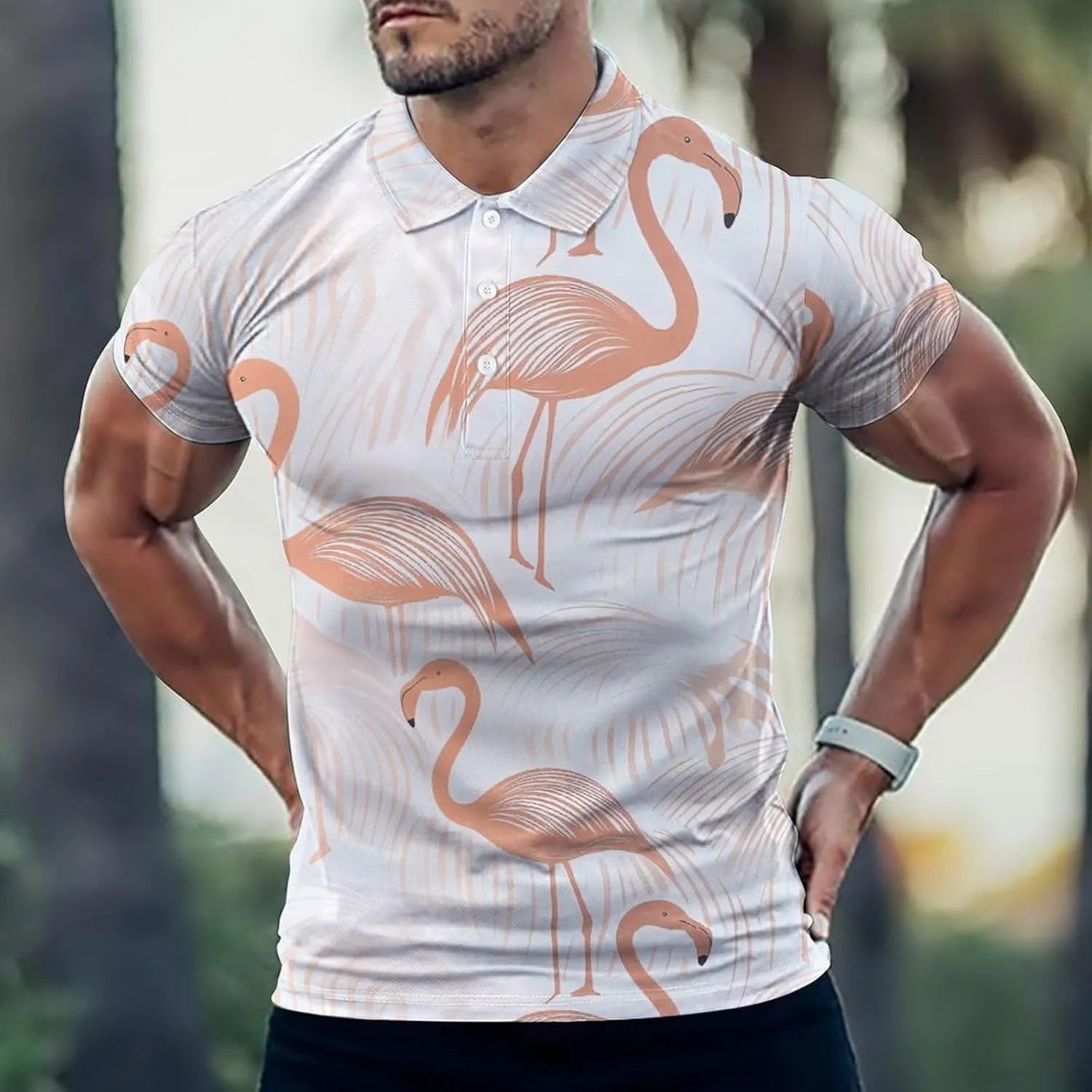 Pink-Flamingoes Pattern Mens Polo Shirts Quick Dry Short Sleeve T-shirts Slim Tennis Collared Tees Tops