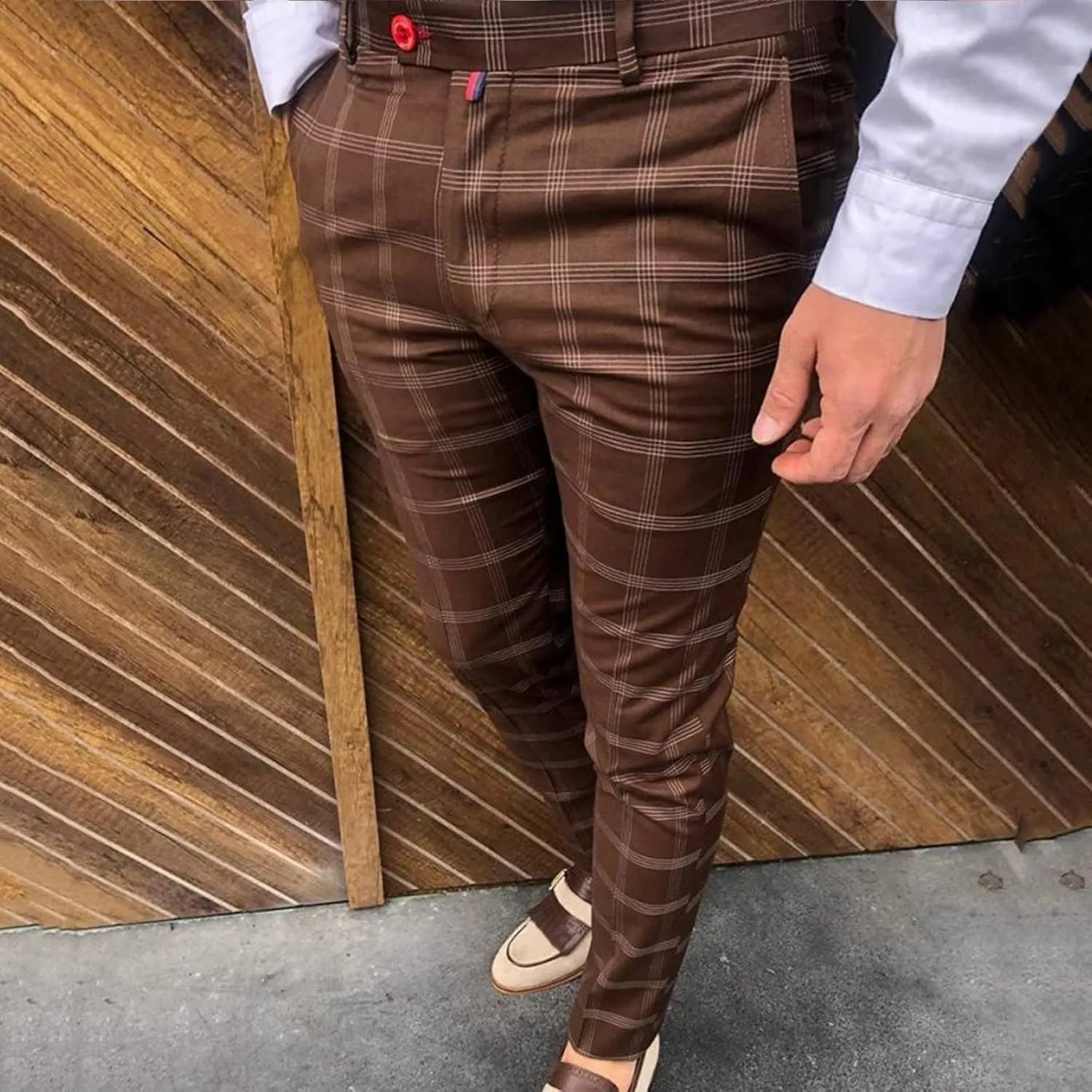 Plaid Dress Pants for Men Casual Slim Fit Chinos Pants Stretch Lightweight Business Pencil Pants Work Trousers with Pockets