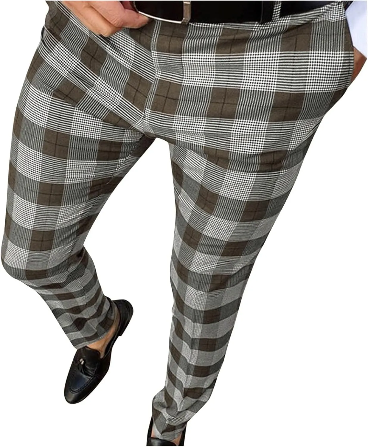 Plaid Dress Pants for Men Casual Slim Fit Chinos Pants Stretch Lightweight Business Pencil Pants Work Trousers with Pockets