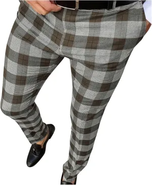 Plaid Dress Pants for Men Casual Slim Fit Chinos Pants Stretch Lightweight Business Pencil Pants Work Trousers with Pockets