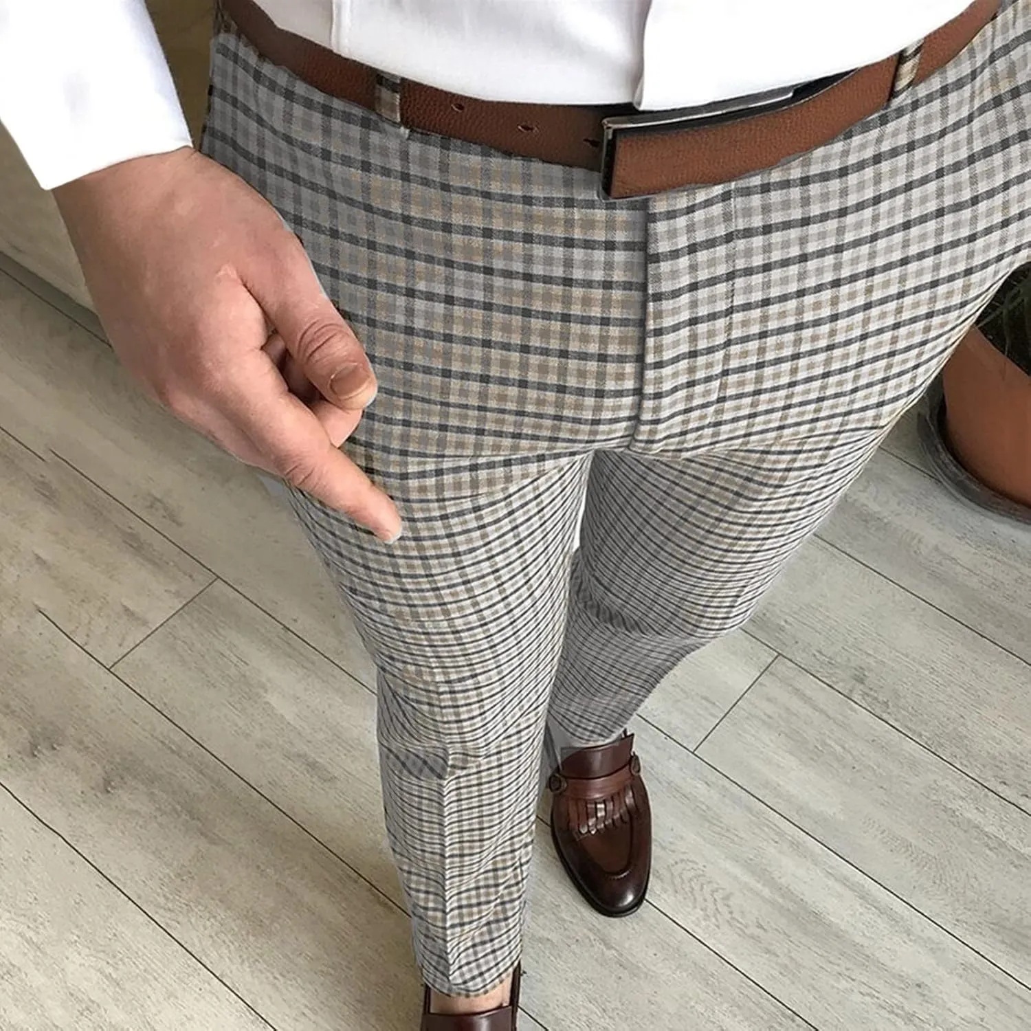 Plaid Dress Pants for Men Casual Slim Fit Chinos Pants Stretch Lightweight Business Pencil Pants Work Trousers with Pockets