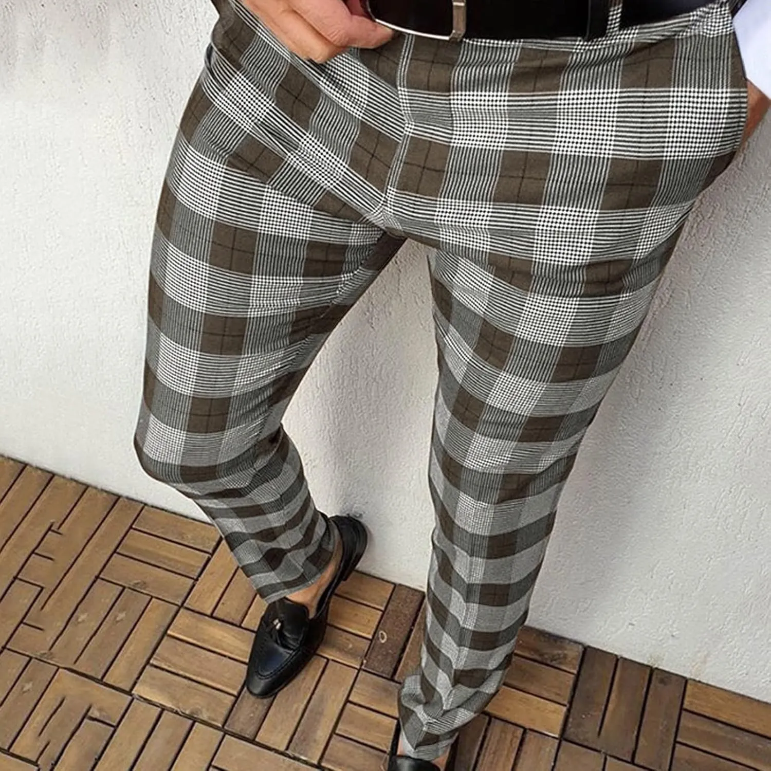 Plaid Dress Pants for Men Casual Slim Fit Chinos Pants Stretch Lightweight Business Pencil Pants Work Trousers with Pockets