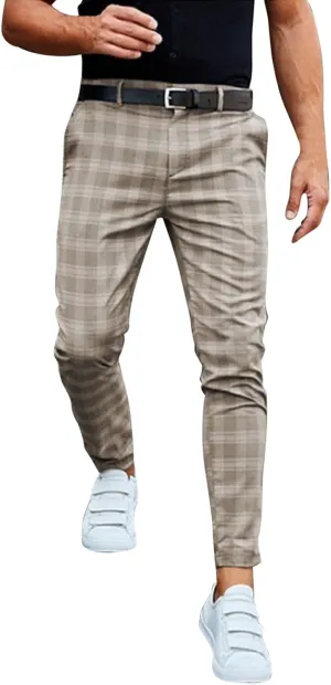 Plaid Dress Pants for Men Slim Fit Stretch Zip Up Business Work Pants Casual Outdoor Sports Golf Pants Pencil Chino Pants