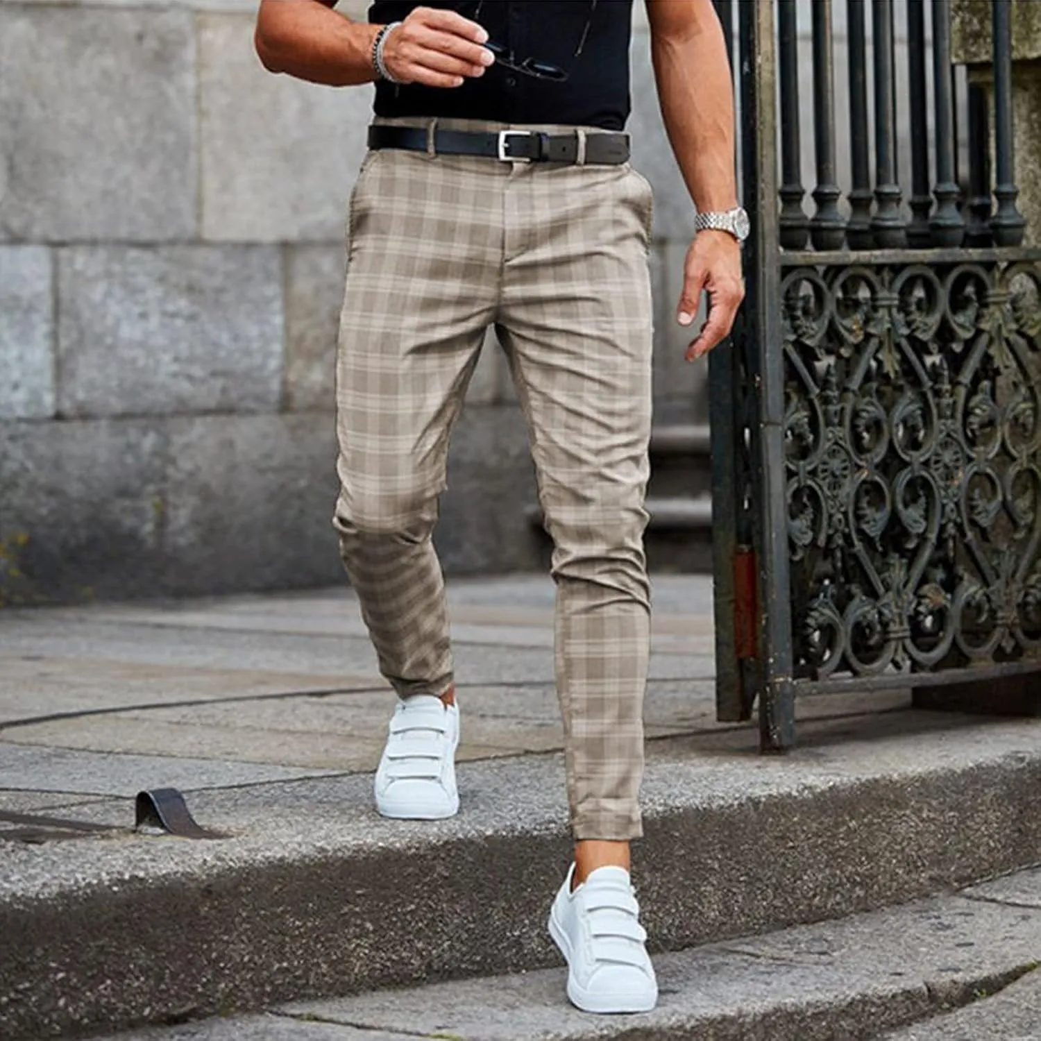 Plaid Dress Pants for Men Slim Fit Stretch Zip Up Business Work Pants Casual Outdoor Sports Golf Pants Pencil Chino Pants