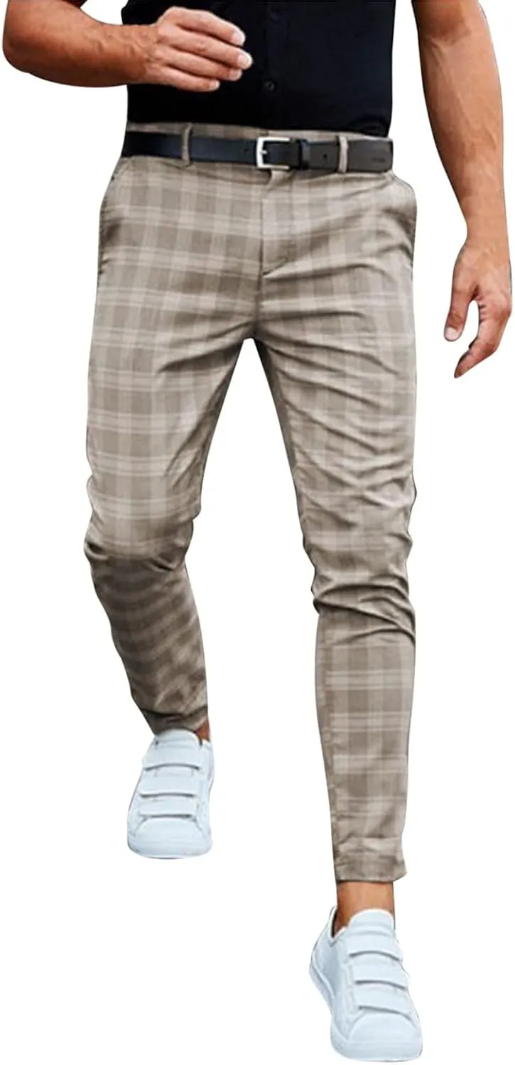 Plaid Dress Pants for Men Slim Fit Stretch Zip Up Business Work Pants Casual Outdoor Sports Golf Pants Pencil Chino Pants