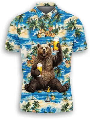 Polar Bear Polo Shirts for Men Holiday Party- Wild Animal Golf Fit Short Sleeve Polo Shirts S60