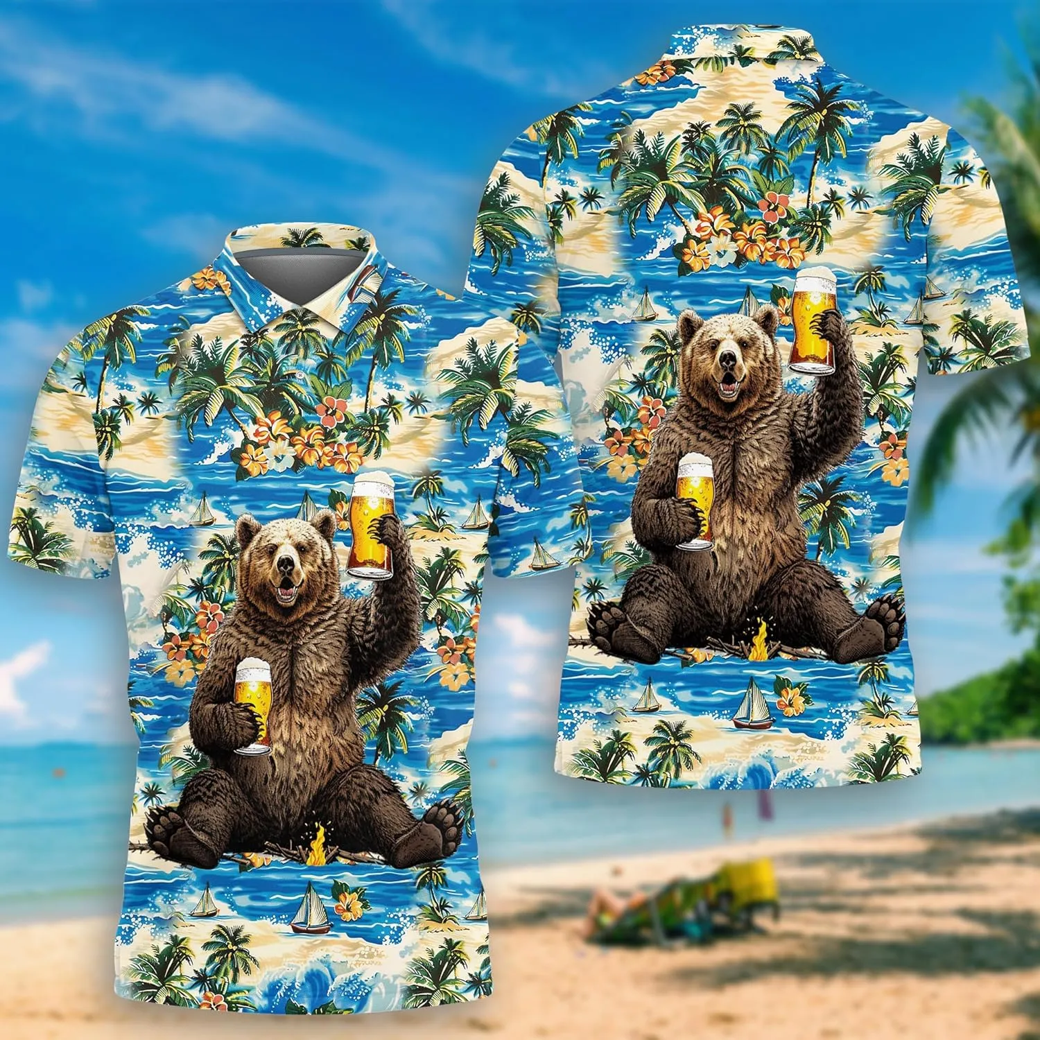 Polar Bear Polo Shirts for Men Holiday Party- Wild Animal Golf Fit Short Sleeve Polo Shirts S60