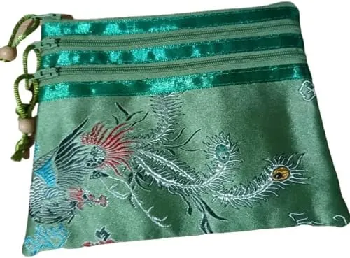 Portable Large Silk Brocade Multi Zipper Pouch Jewelry Storage Bags for Travel Cosmetic Makeup Packaging 3 Zip Purses (green (pattern random))