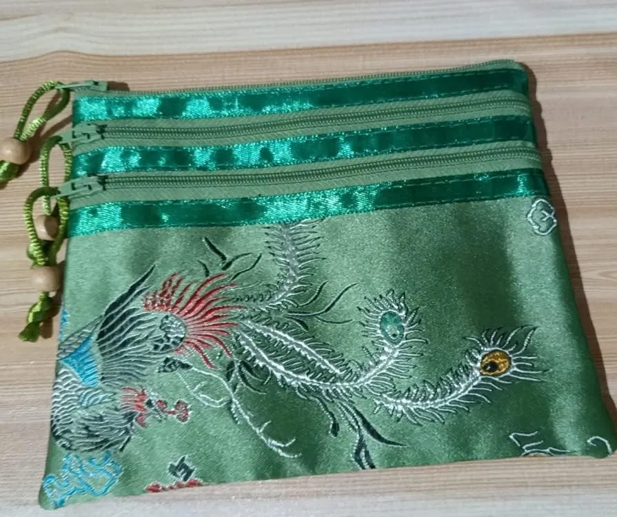 Portable Large Silk Brocade Multi Zipper Pouch Jewelry Storage Bags for Travel Cosmetic Makeup Packaging 3 Zip Purses (green (pattern random))