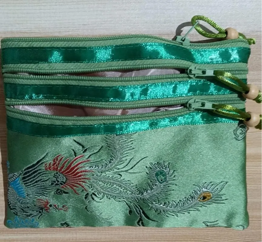 Portable Large Silk Brocade Multi Zipper Pouch Jewelry Storage Bags for Travel Cosmetic Makeup Packaging 3 Zip Purses (green (pattern random))