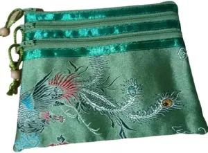 Portable Large Silk Brocade Multi Zipper Pouch Jewelry Storage Bags for Travel Cosmetic Makeup Packaging 3 Zip Purses (green (pattern random))