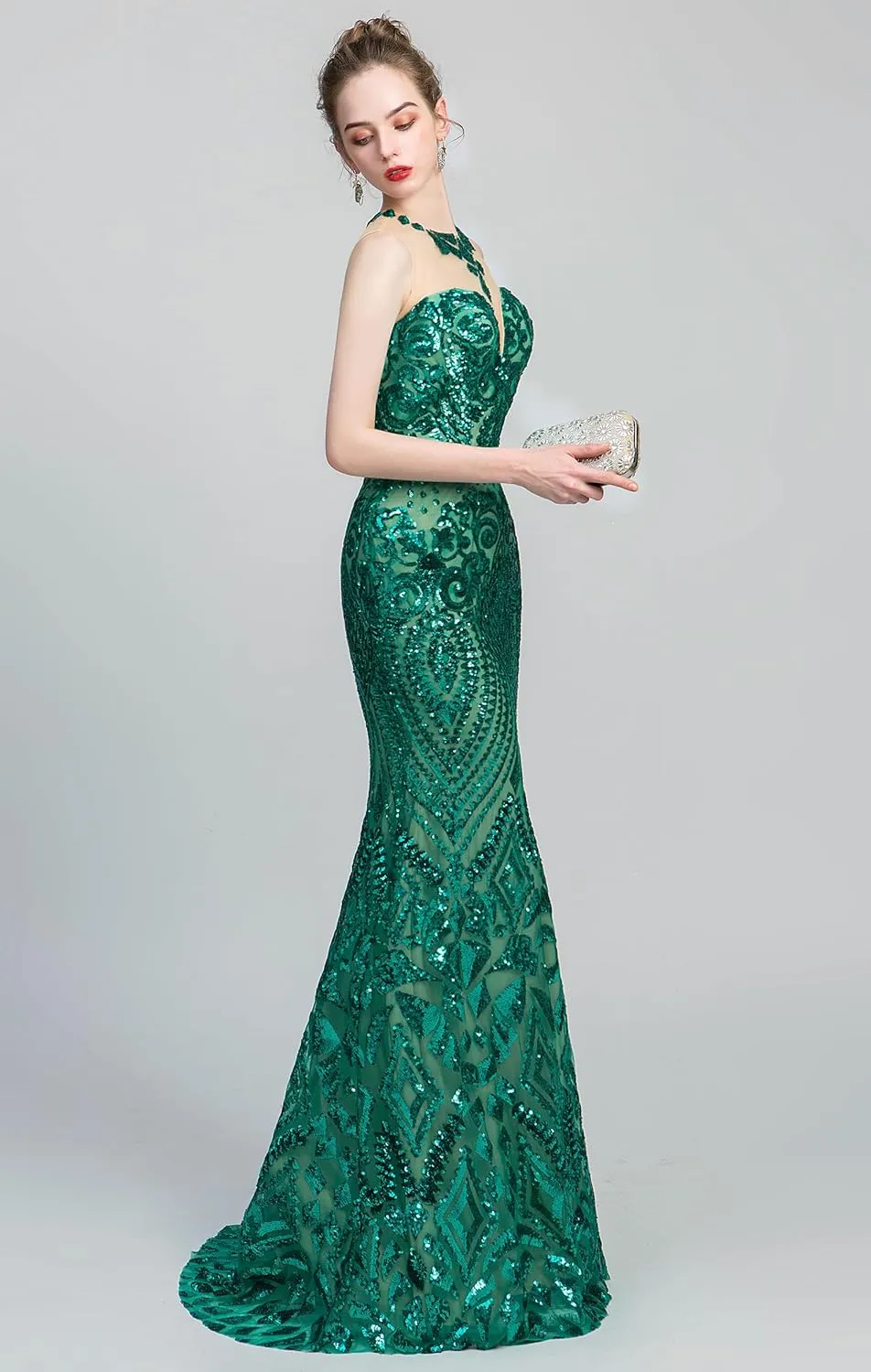 Prom Dress Jewel Sleeveless Mermaid Sequin Evening Dress
