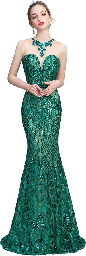 Prom Dress Jewel Sleeveless Mermaid Sequin Evening Dress