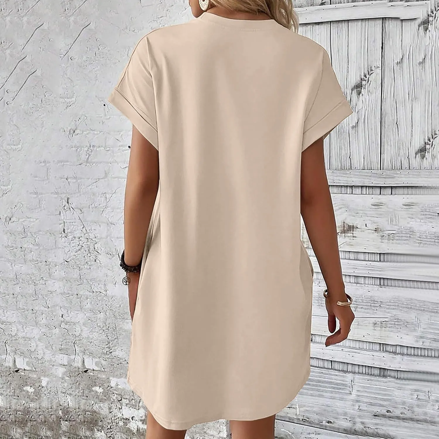 PTOLOCIF Summer Dresses for Women 2024 Casual Short Sleeve T Shirt Dress Crewneck Loose Solid Color Basic Dresses with Pocket