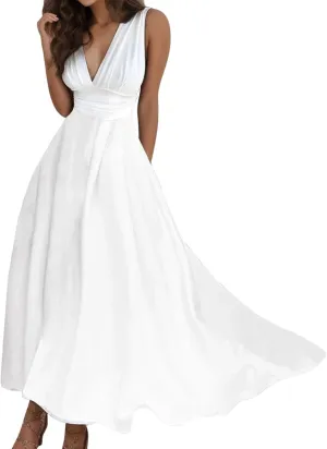 PTOLOCIF Sundresses for Women 2024, Trendy Summer Flowy Sleeveless Dresses Elegant V Neck Wedding Guest Dresses Maxi Dresses