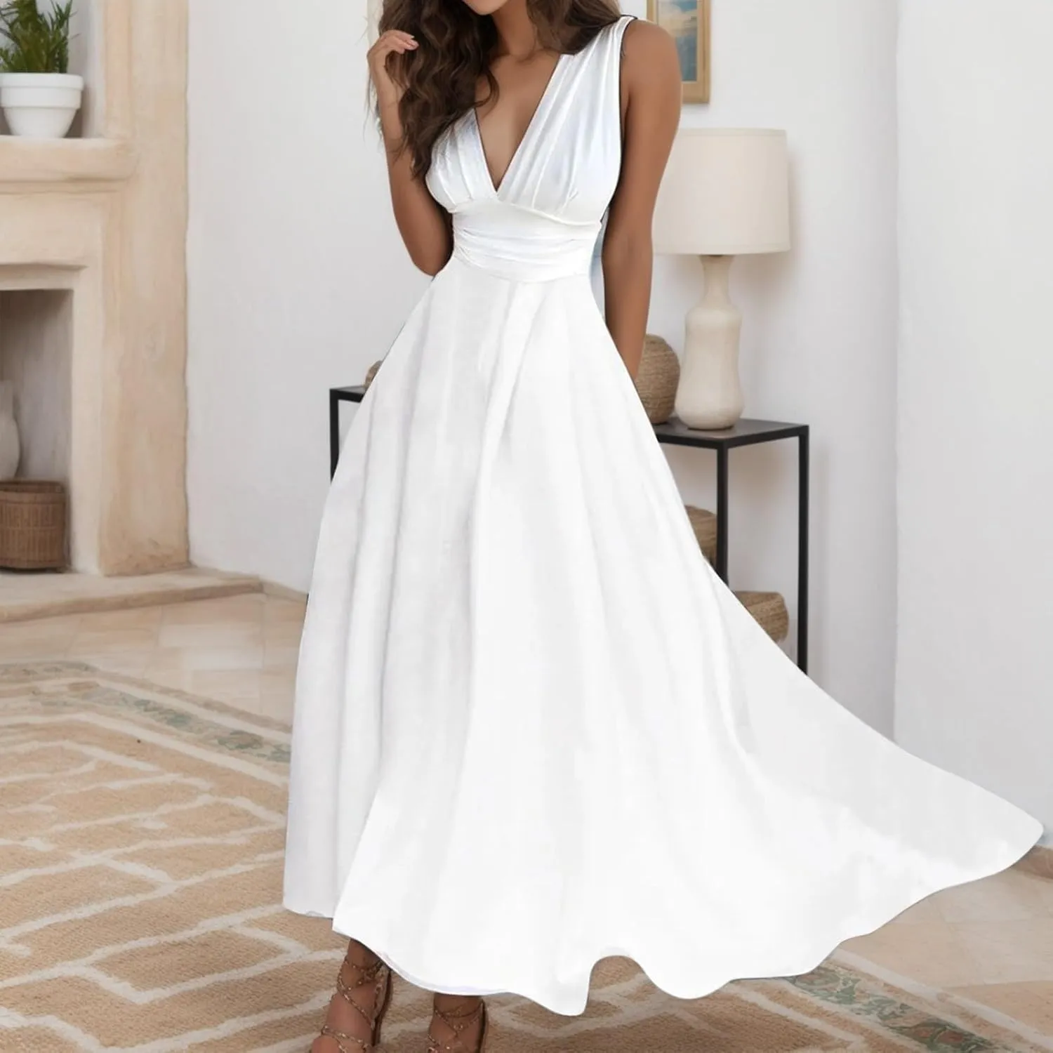 PTOLOCIF Sundresses for Women 2024, Trendy Summer Flowy Sleeveless Dresses Elegant V Neck Wedding Guest Dresses Maxi Dresses