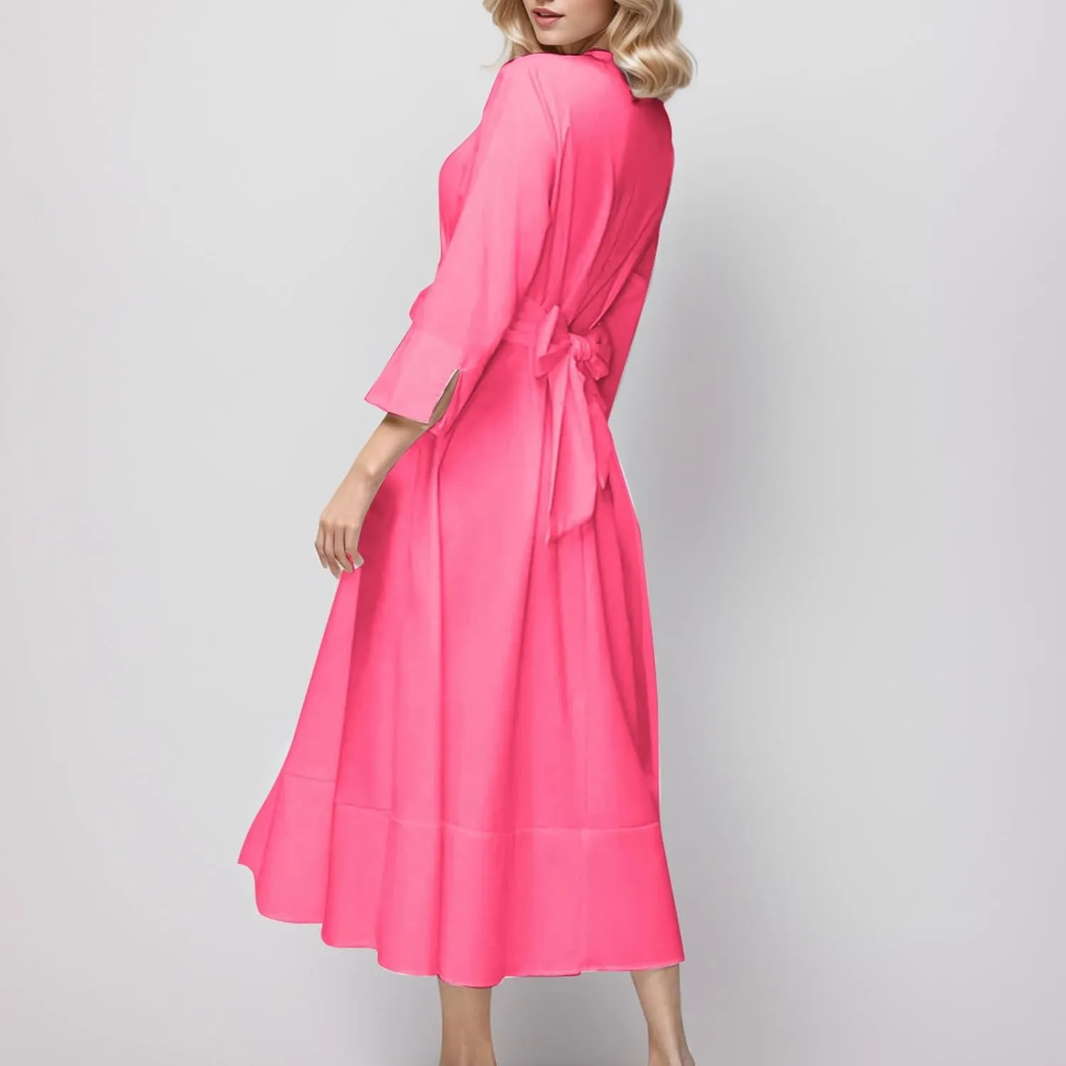 PTOLOCIF Women Solid Color Long Sleeve Belted Pleated Pocket Work Cocktail Party Dress Woman Body Dress Resort Wear