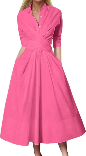 PTOLOCIF Women Solid Color Long Sleeve Belted Pleated Pocket Work Cocktail Party Dress Woman Body Dress Resort Wear