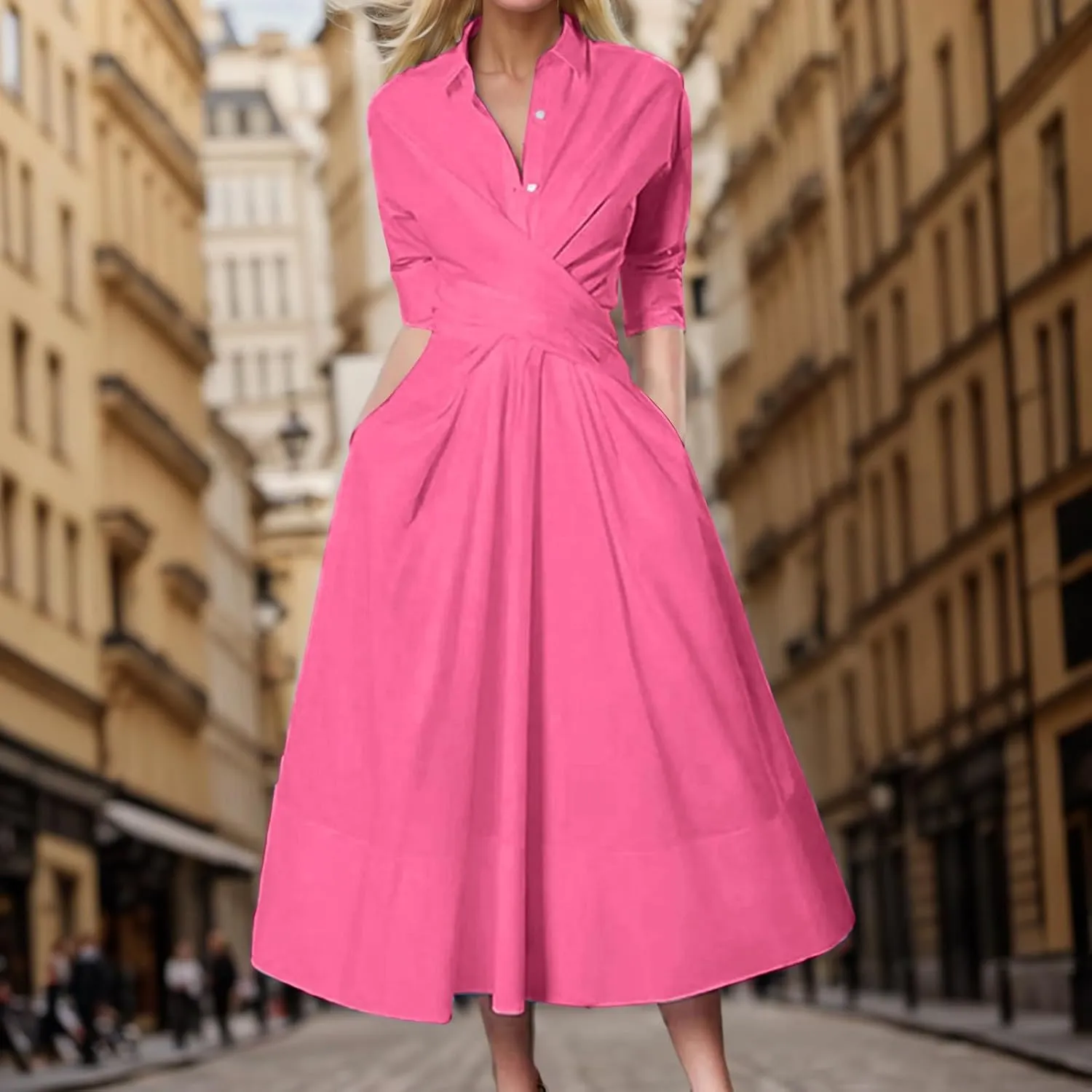PTOLOCIF Women Solid Color Long Sleeve Belted Pleated Pocket Work Cocktail Party Dress Woman Body Dress Resort Wear