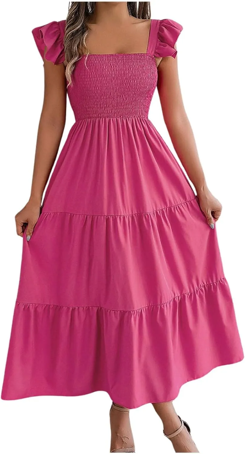 PTOLOCIF Women Summer Sleeveless Maxi Dress Square Neck Smocked Boho Dresses Trendy Ruffle Sleeve Flowy A-Line Beach Sundress