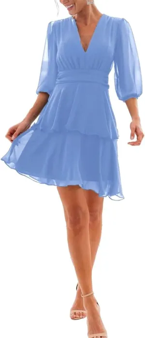 Puffy Long Sleeves Country Princess Bridesmaid Dresses Short V Neck Chiffon Formal Evening Maxi Gowns EZ088