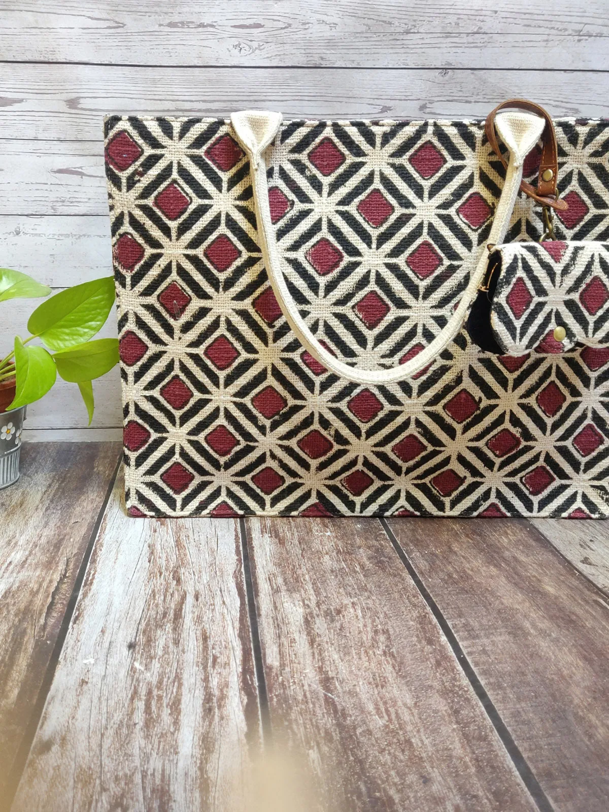 Red and White Geometric Tote Bag