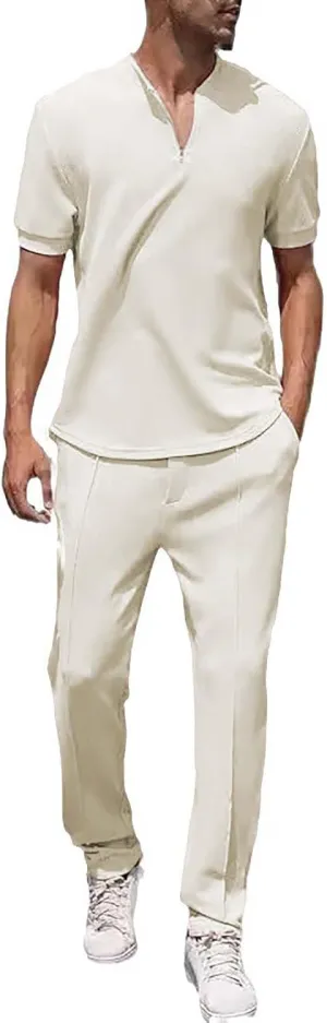 Resort Wear Linen Sets for Men Short Sleeve Quarter Zip Casual Shirts and Drawstrings Long Pants Baggy Beach Yoga Outfits