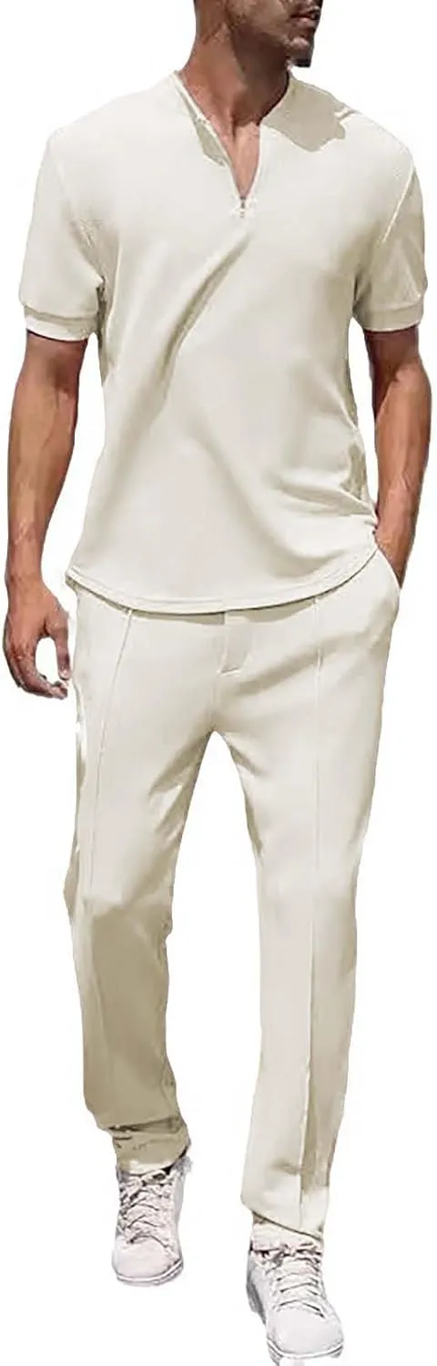 Resort Wear Linen Sets for Men Short Sleeve Quarter Zip Casual Shirts and Drawstrings Long Pants Baggy Beach Yoga Outfits