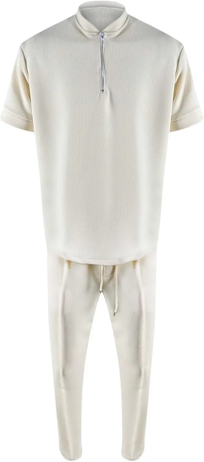 Resort Wear Linen Sets for Men Short Sleeve Quarter Zip Casual Shirts and Drawstrings Long Pants Baggy Beach Yoga Outfits