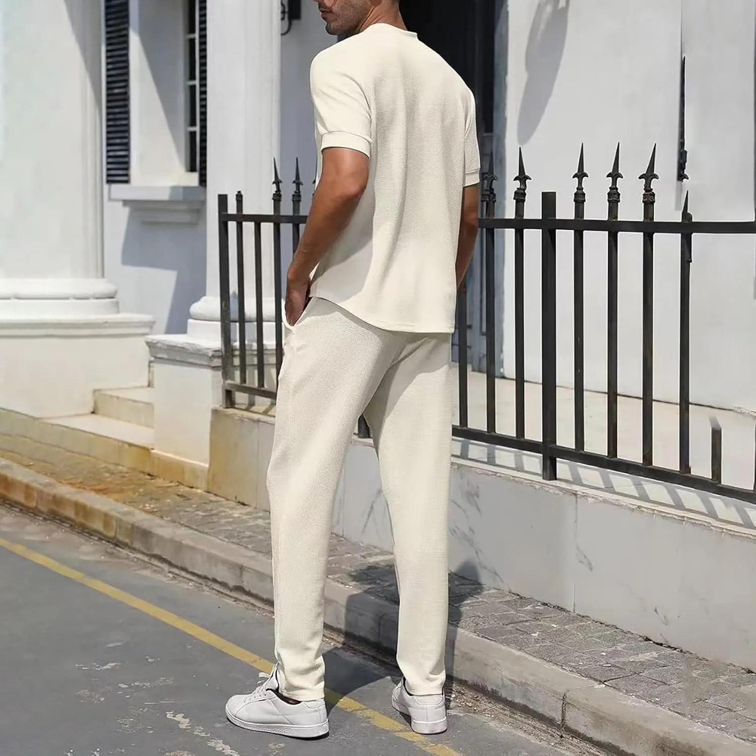 Resort Wear Linen Sets for Men Short Sleeve Quarter Zip Casual Shirts and Drawstrings Long Pants Baggy Beach Yoga Outfits