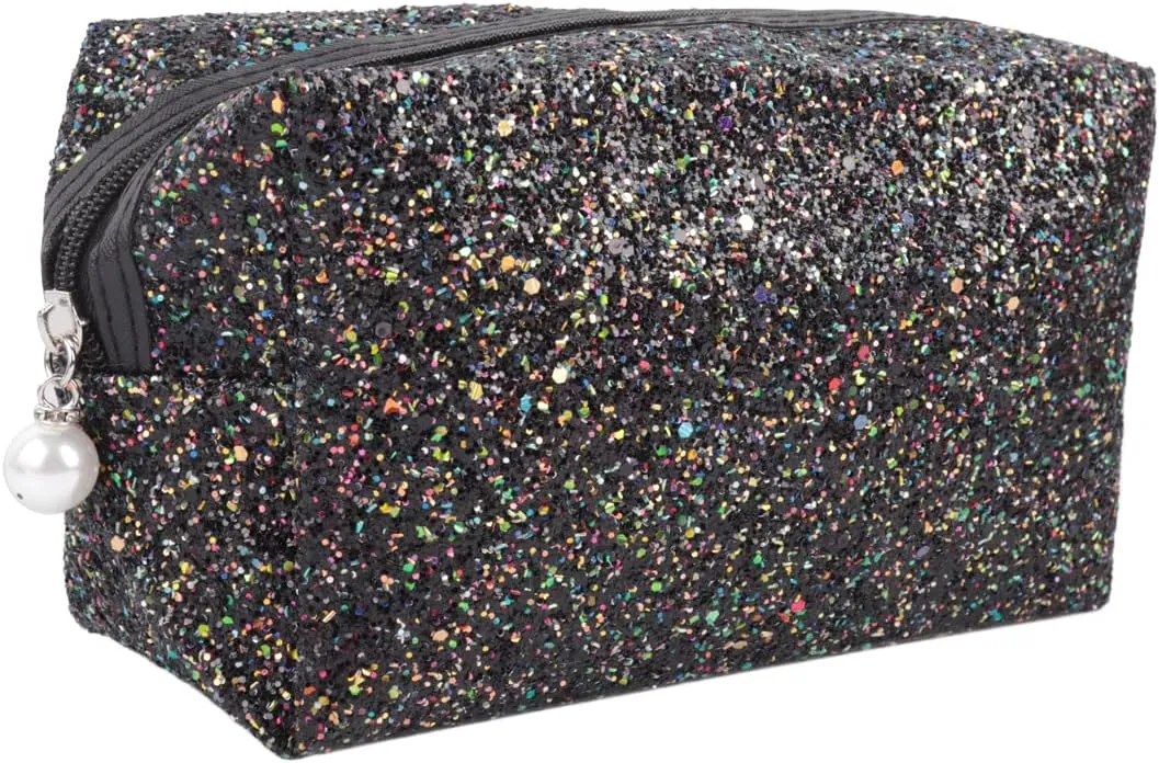 RIAH FASHION Pouch Clutch Organizer Bag - Travel Cosmetic Makeup Toiletry Jewelry Cute Sequin Purse Adjustable Strap (Glitter Cosmetic Bag - Black)