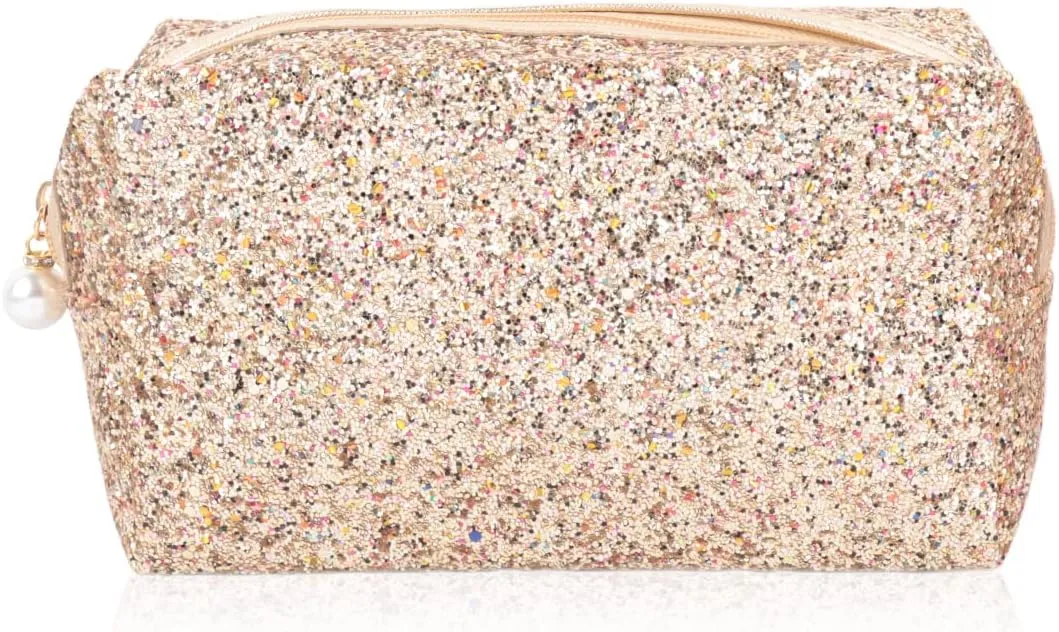 RIAH FASHION Pouch Clutch Organizer Bag - Travel Cosmetic Makeup Toiletry Jewelry Cute Sequin Purse Adjustable Strap (Glitter Cosmetic Bag - Gold)